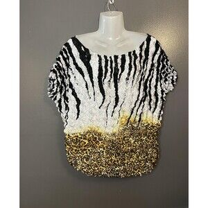 FC Blouse Womens Large Black White Gold Textured Animal Print Crinkle Shirt Top